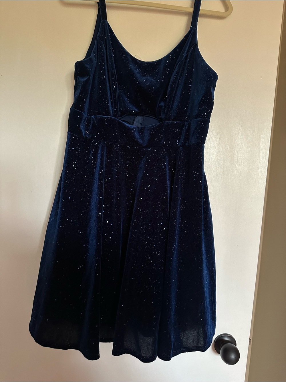 David's Bridal Navy Velvet Sparkle Spaghetti Strap Mini Dress
